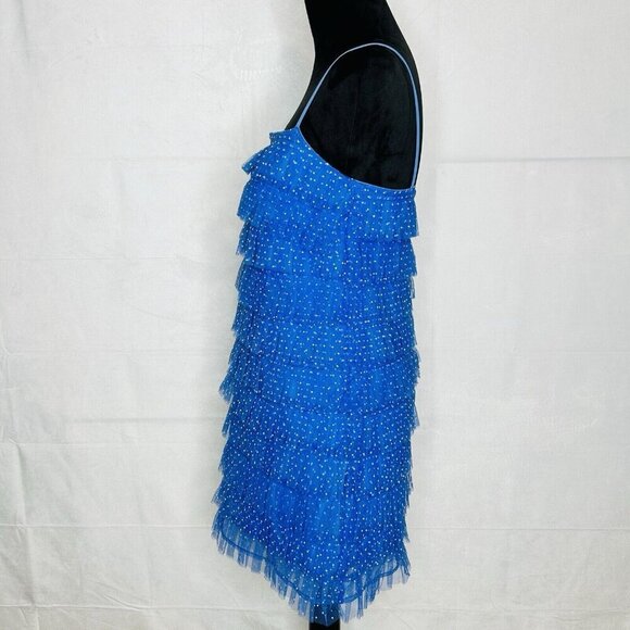 Lovers + Friends Jane Mini Dress Blue Tiered Tulle Polka Dot Size Medium Lined - Picture 4 of 10